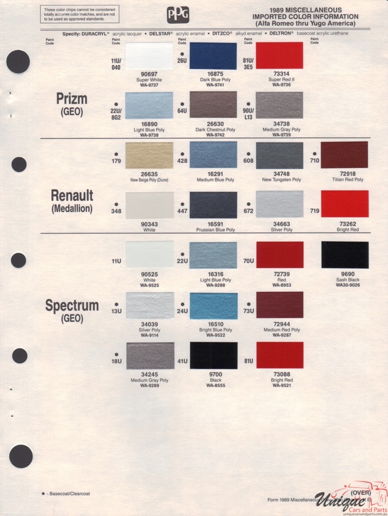 1989 GM GEO Paint Charts PPG 4